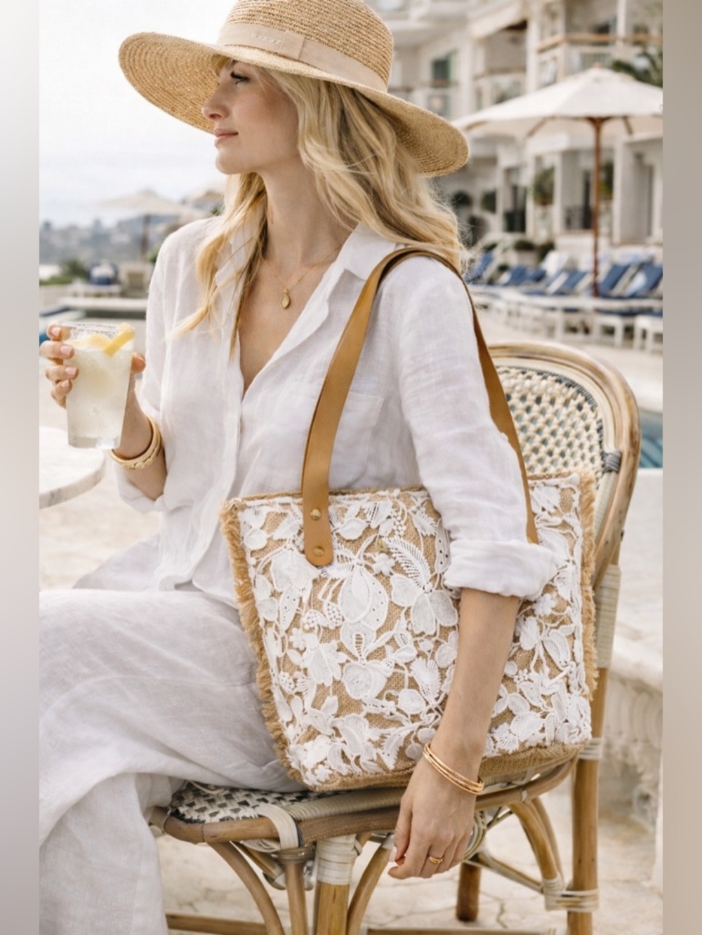 Cappelli coastal lace jute tote beach bag fringe summer carryall